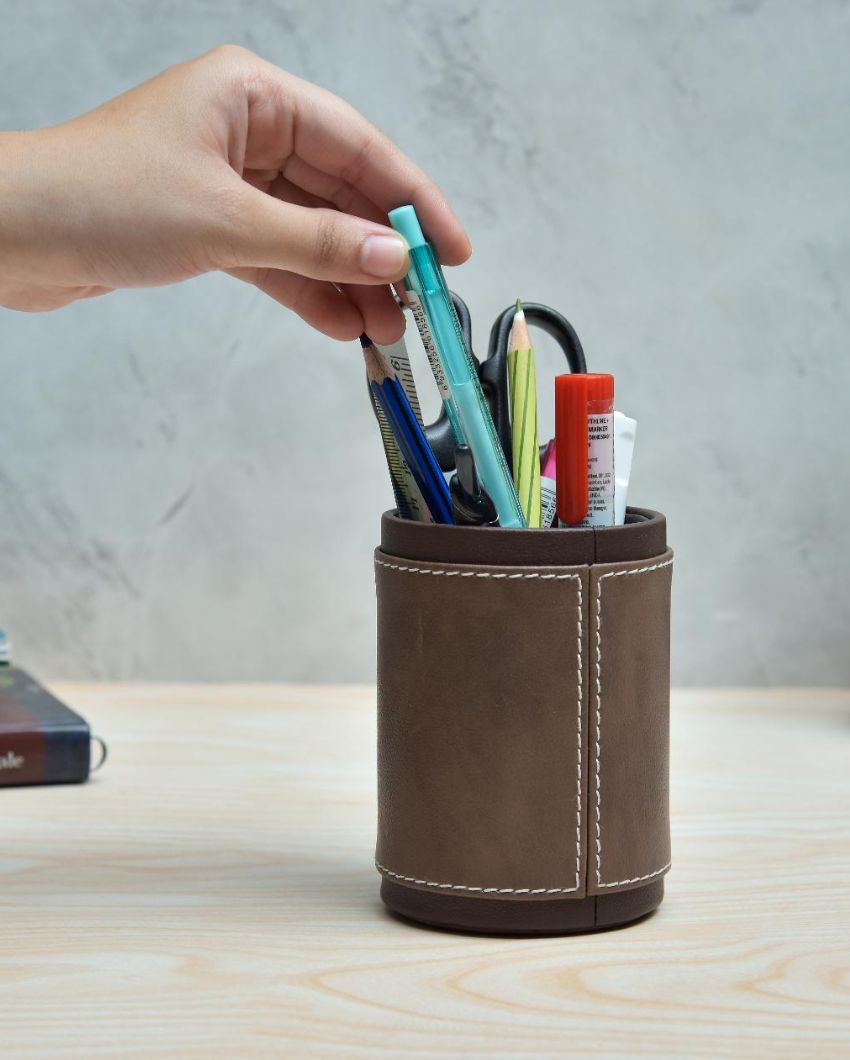 Stylish Desk Organizer Two Tone Faux Leather Pen Stand | 4 x 5 inches