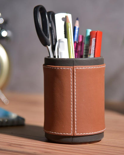 Stylish Desk Organizer Two Tone Faux Leather Pen Stand | 4 x 5 inches