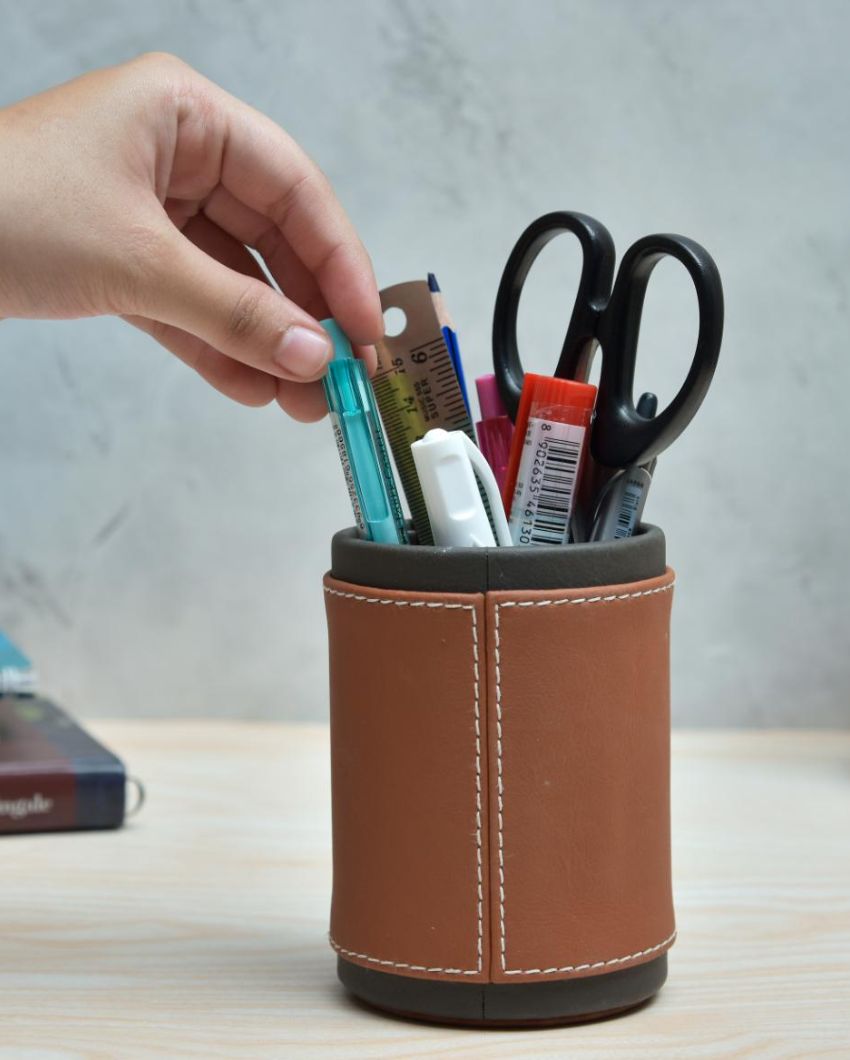 Stylish Desk Organizer Two Tone Faux Leather Pen Stand | 4 x 5 inches