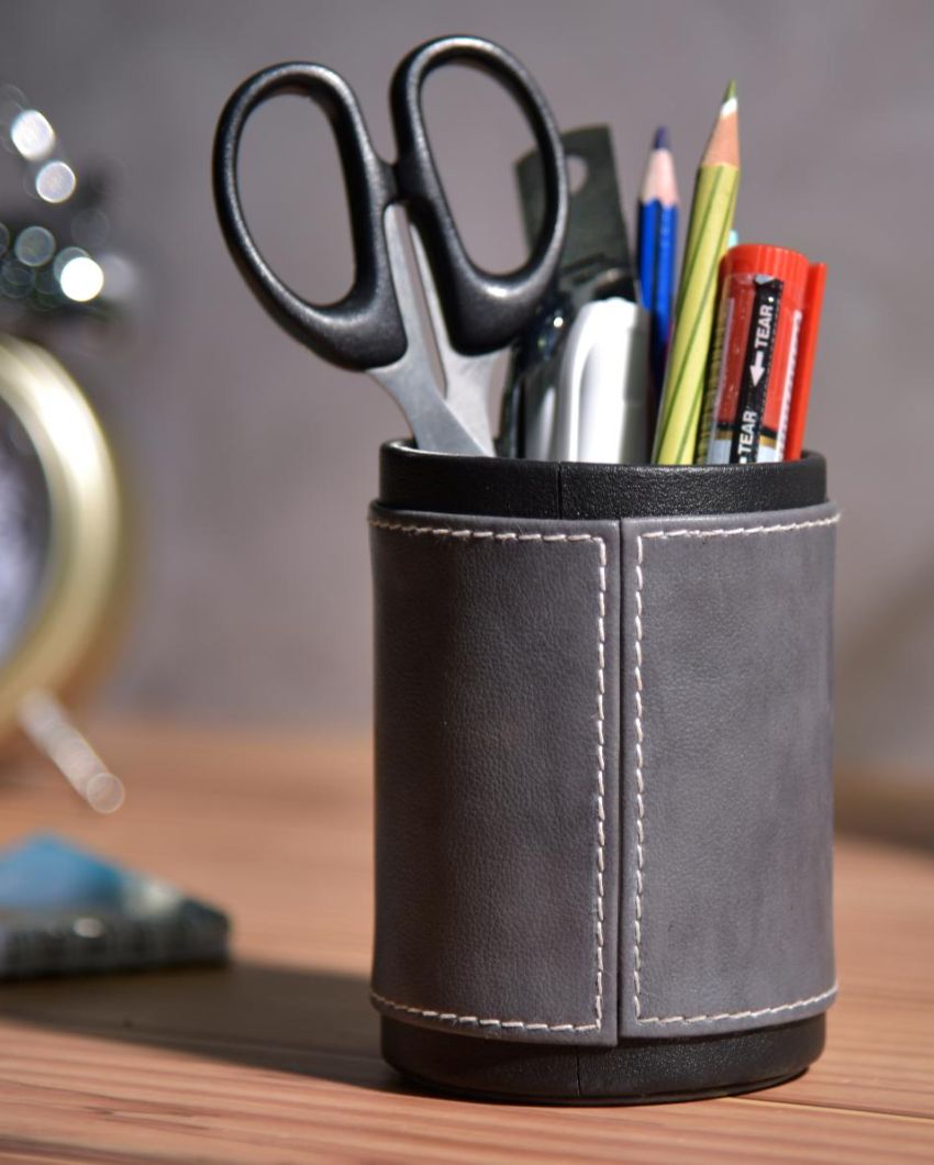 Stylish Desk Organizer Two Tone Faux Leather Pen Stand | 4 x 5 inches