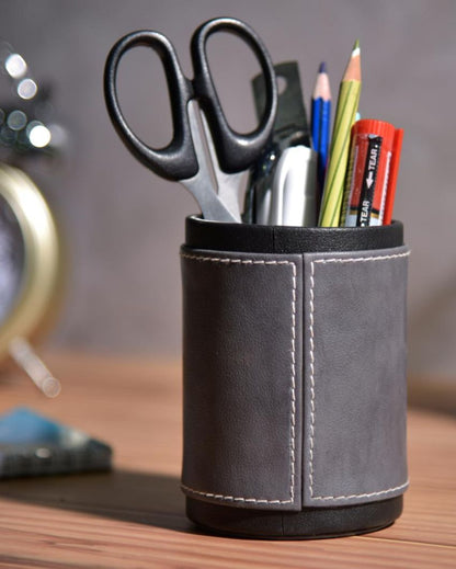 Stylish Desk Organizer Two Tone Faux Leather Pen Stand | 4 x 5 inches