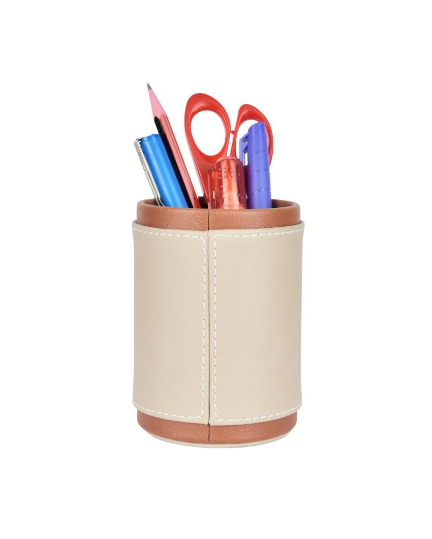 Stylish Desk Organizer Two Tone Faux Leather Pen Stand | 4 x 5 inches