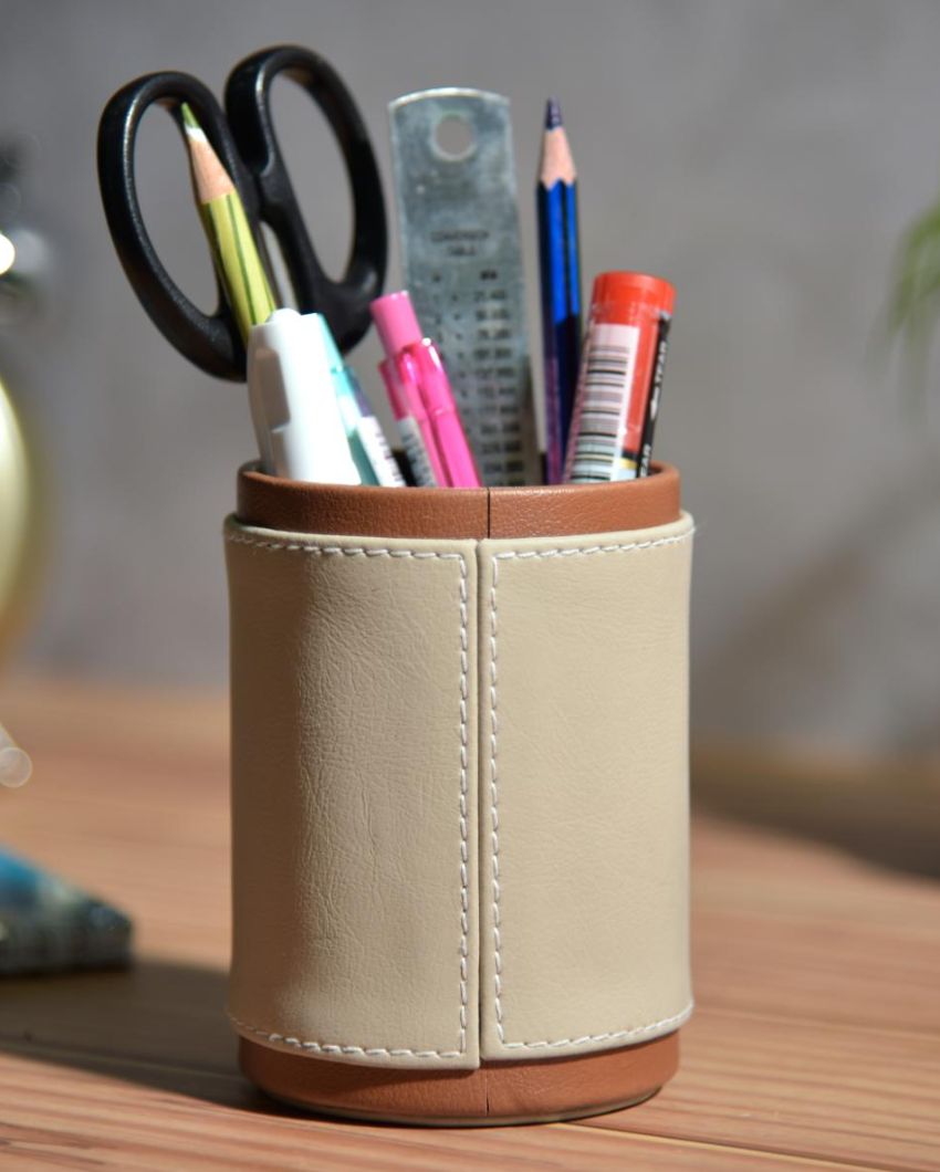 Stylish Desk Organizer Two Tone Faux Leather Pen Stand | 4 x 5 inches