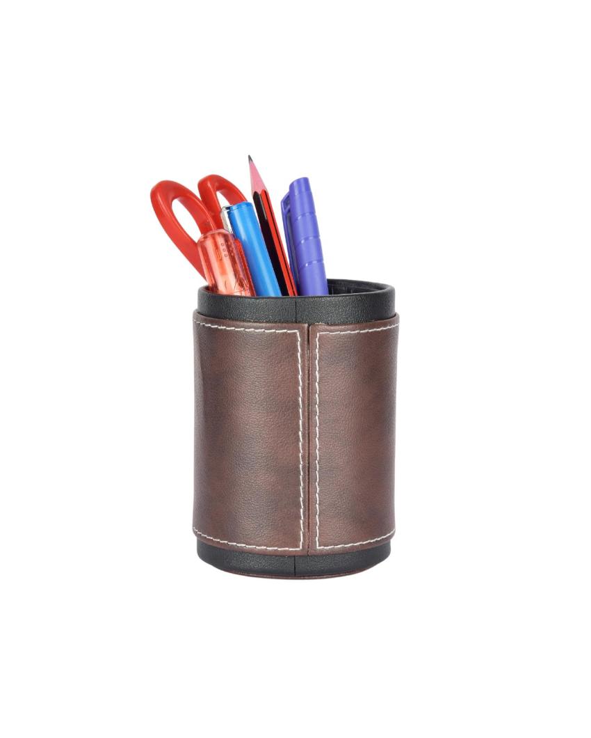 Stylish Desk Organizer Two Tone Faux Leather Pen Stand | 4 x 5 inches