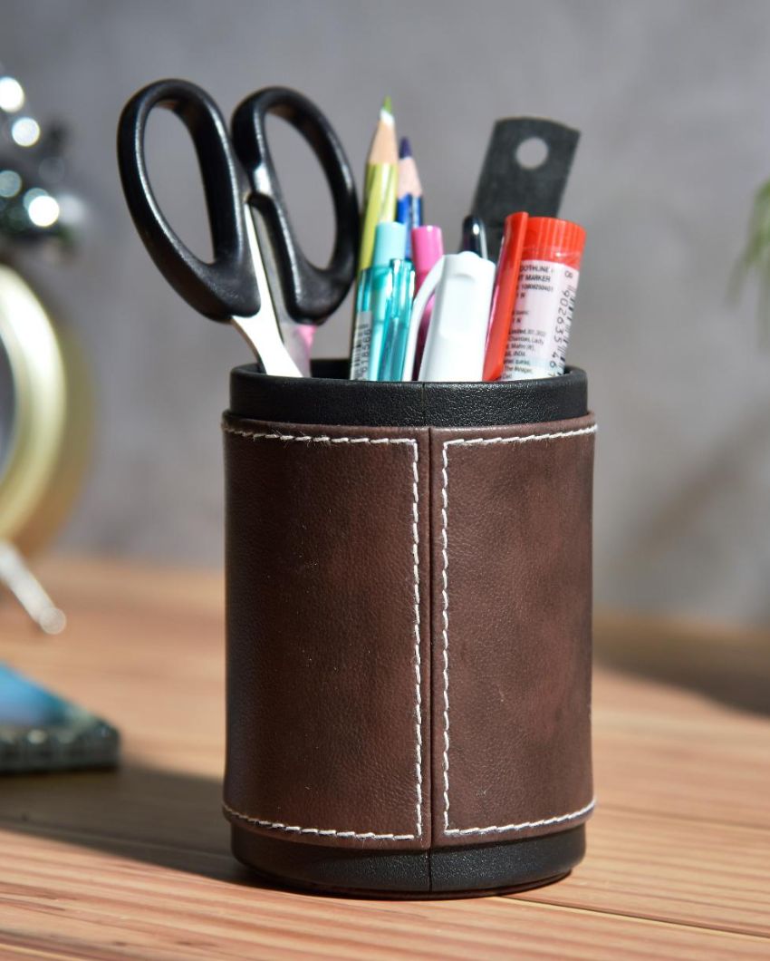 Stylish Desk Organizer Two Tone Faux Leather Pen Stand | 4 x 5 inches