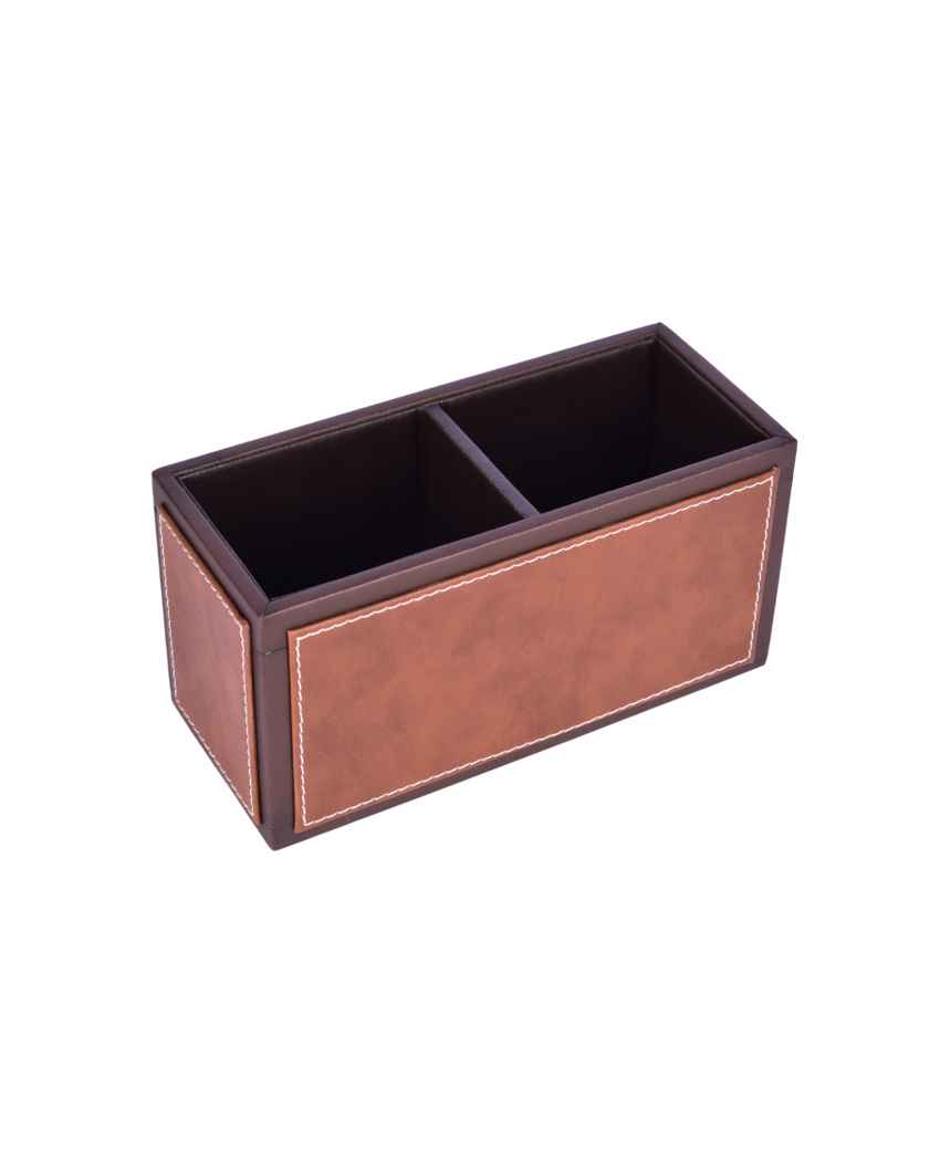 Sleek & Compact 2 Section Leatherette Cutlery Holder | 4 x 9 x 4 inches