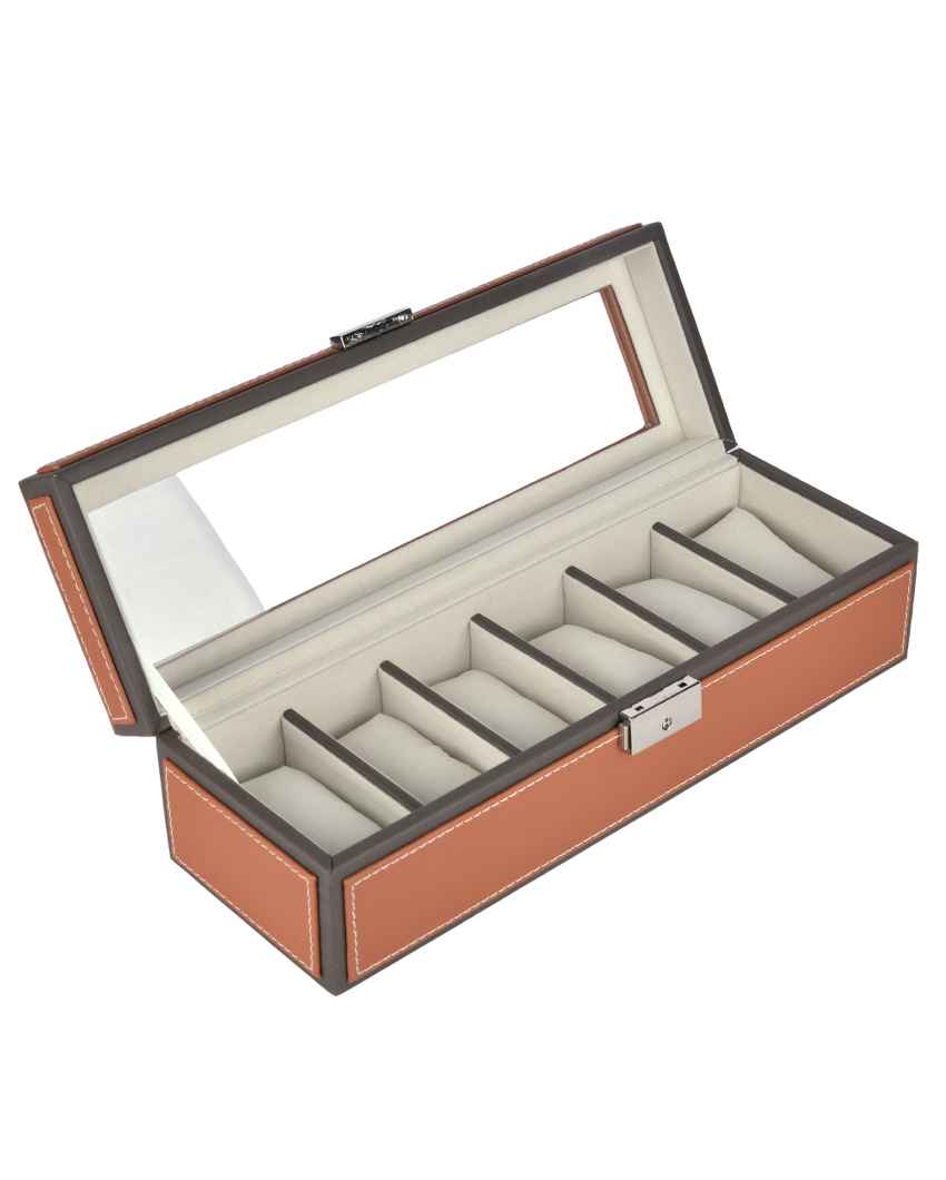 Elegant Timepiece Display Premium Leatherette Organizer Case 6-Slot Watch Box Holder | 12 x 5 x 4 inches