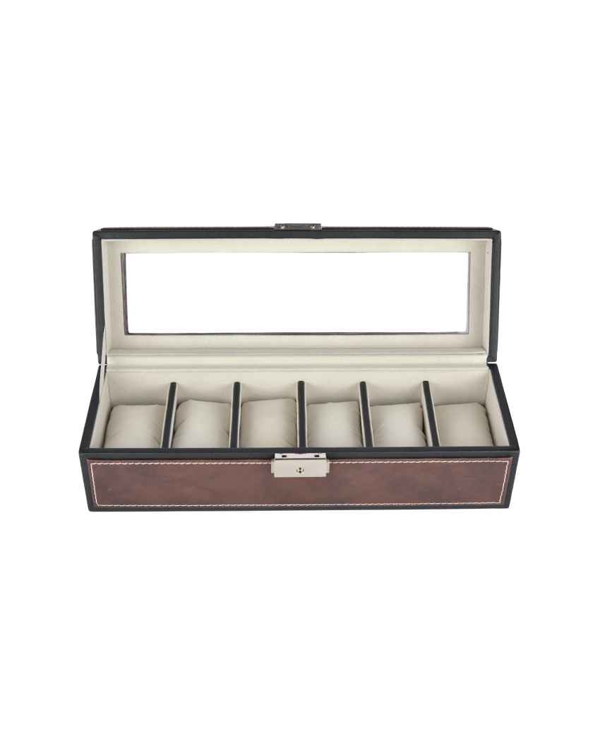 Elegant Timepiece Display Premium Leatherette Organizer Case 6-Slot Watch Box Holder | 12 x 5 x 4 inches