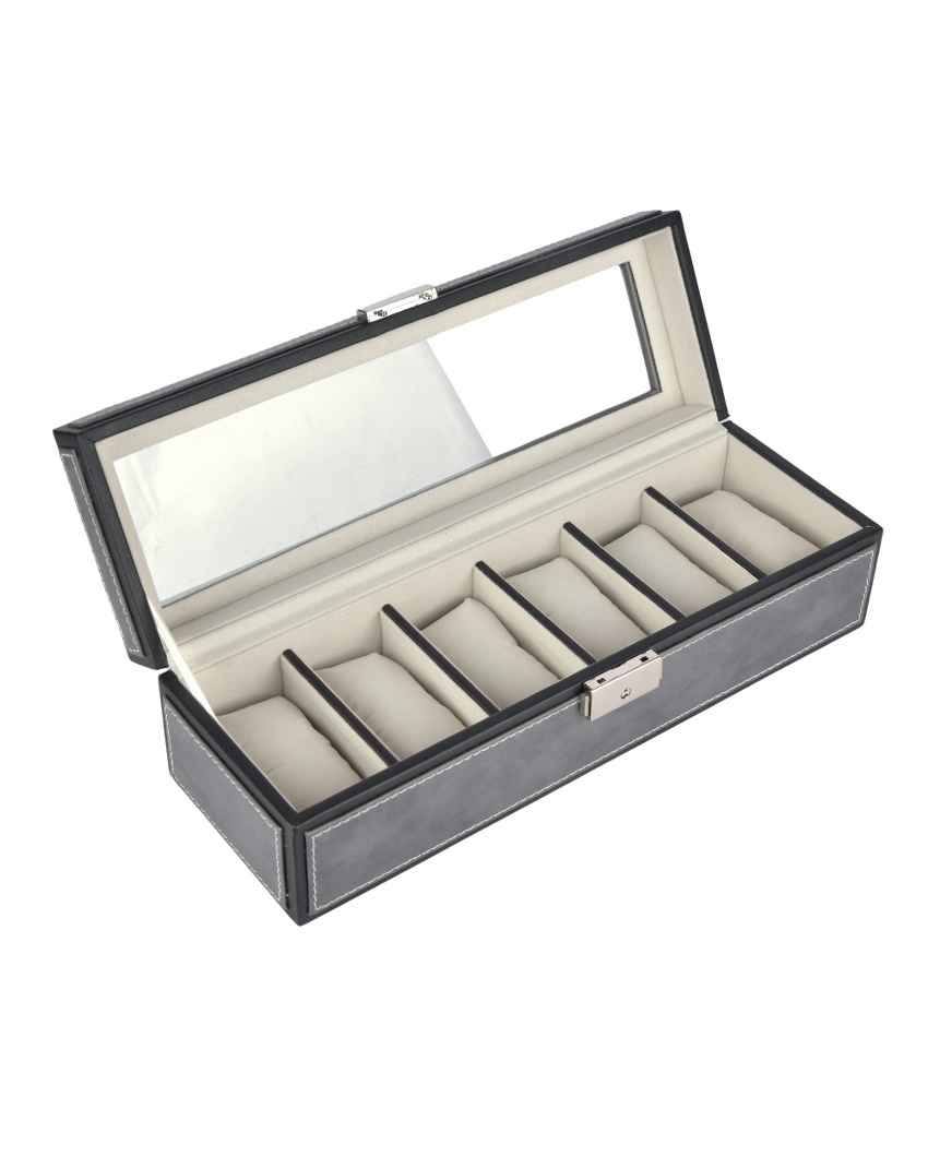 Elegant Timepiece Display Premium Leatherette Organizer Case 6-Slot Watch Box Holder | 12 x 5 x 4 inches