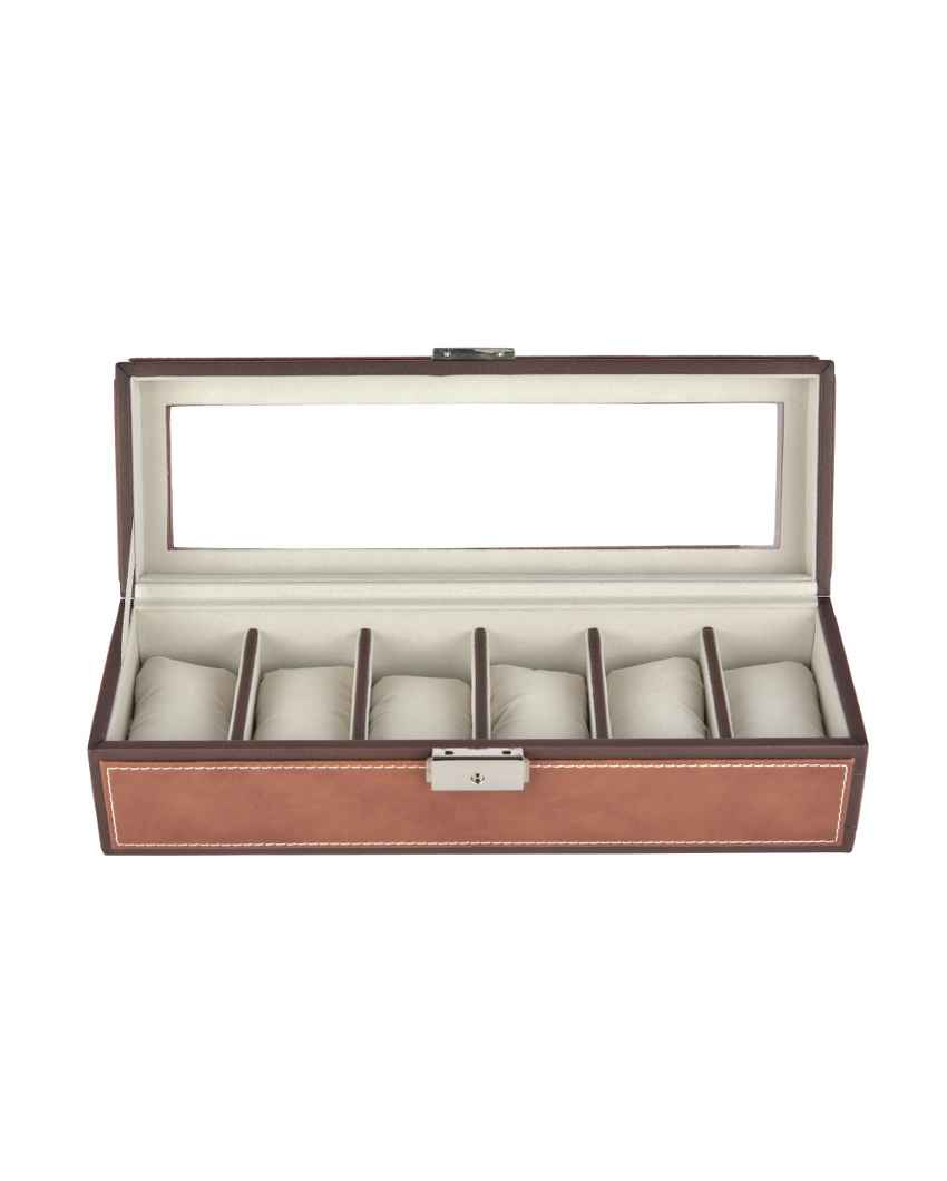 Elegant Timepiece Display Premium Leatherette Organizer Case 6-Slot Watch Box Holder | 12 x 5 x 4 inches