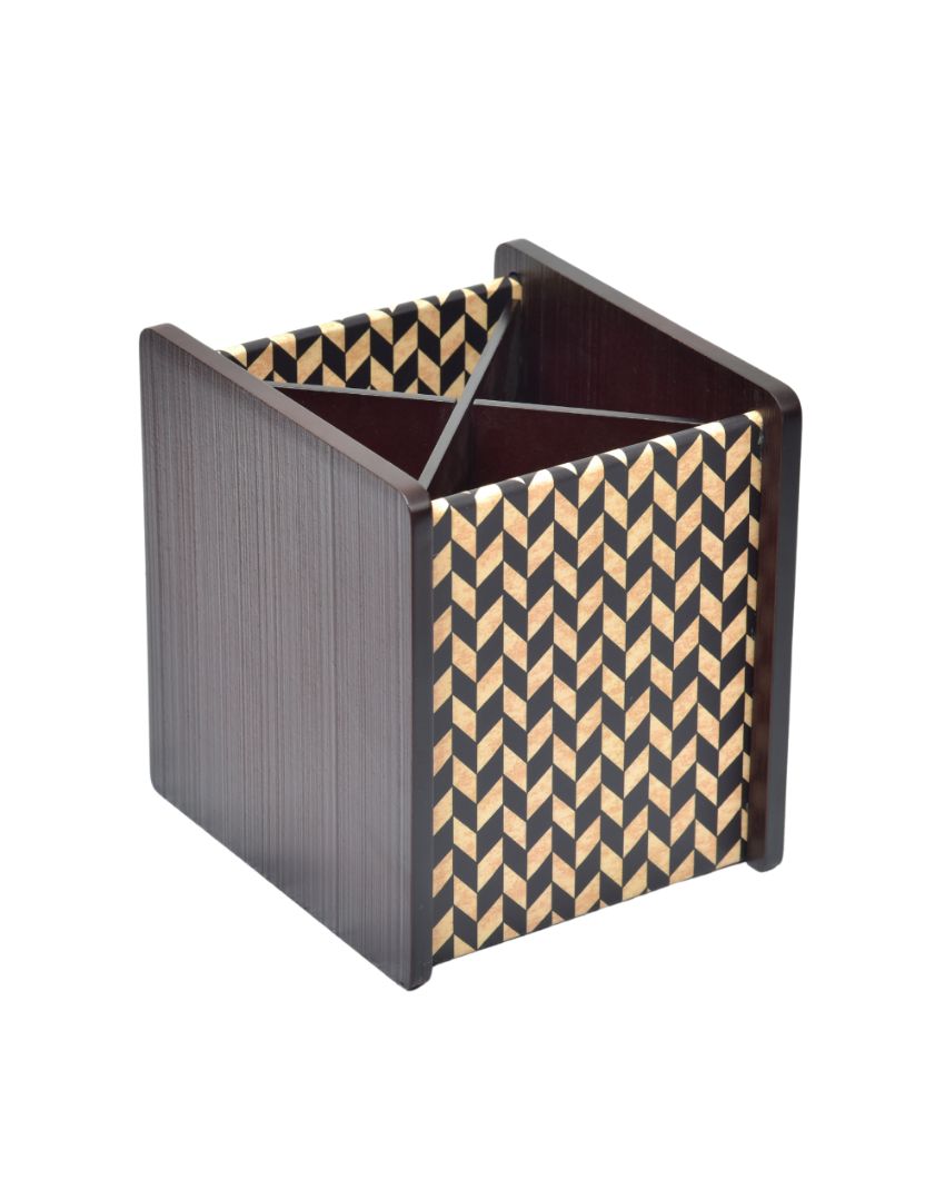 Wooden Chevron Design Cutlery Holder with 4 Compartments | 5 x 6 x 6 inches
