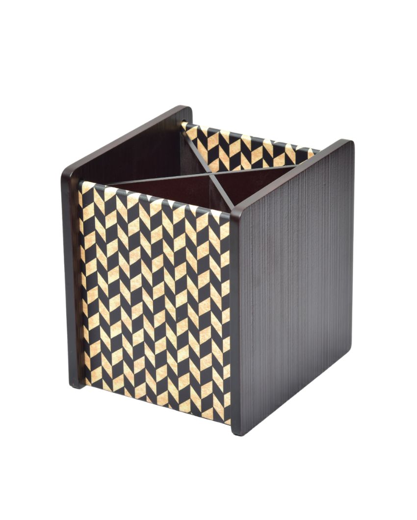 Wooden Chevron Design Cutlery Holder with 4 Compartments | 5 x 6 x 6 inches
