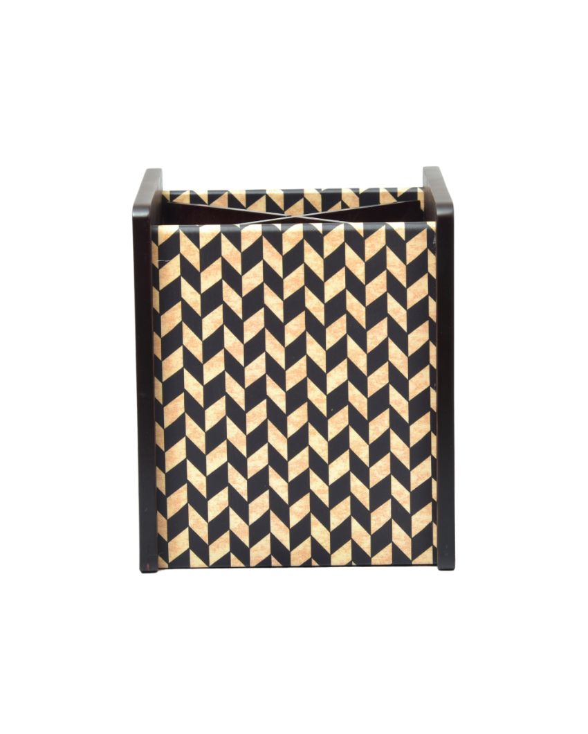 Wooden Chevron Design Cutlery Holder with 4 Compartments | 5 x 6 x 6 inches