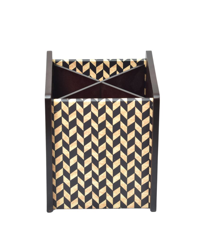 Wooden Chevron Design Cutlery Holder with 4 Compartments | 5 x 6 x 6 inches