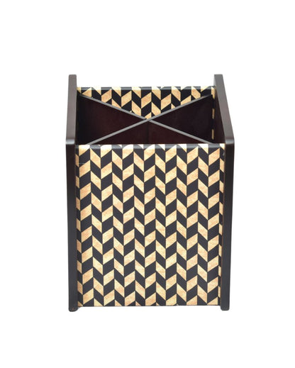 Wooden Chevron Design Cutlery Holder with 4 Compartments | 5 x 6 x 6 inches