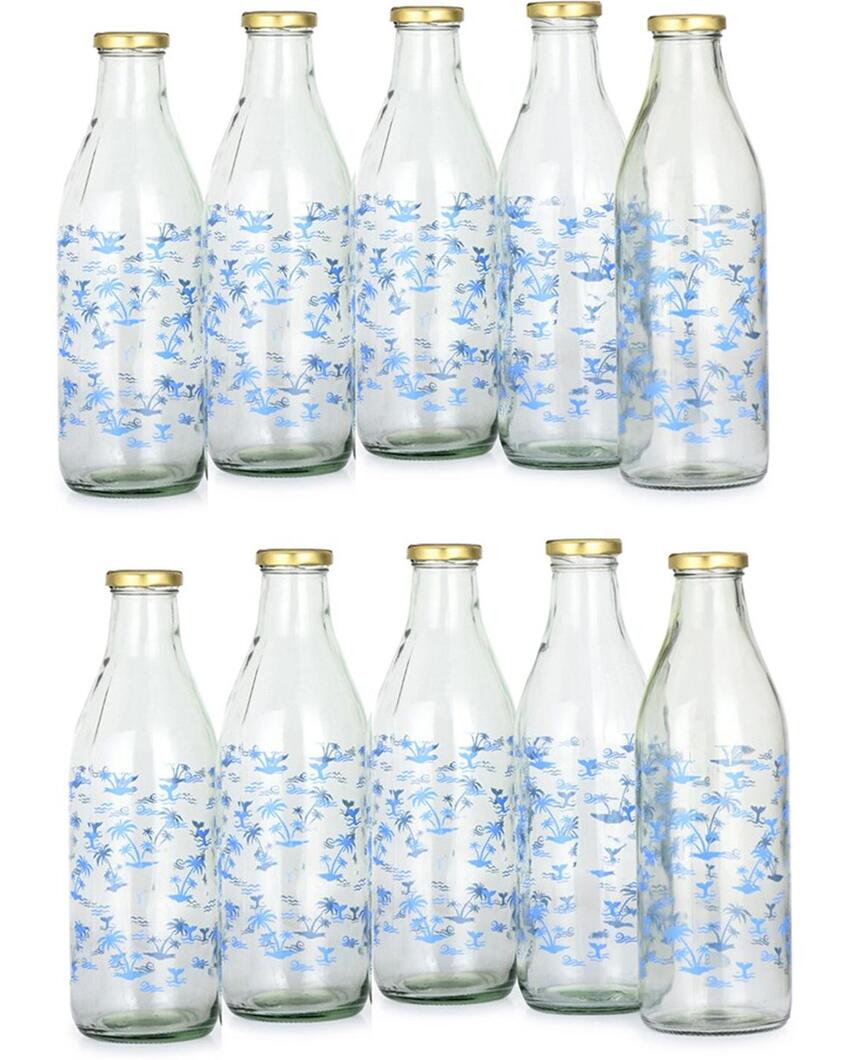 Charming Blue Tree Design Glass Water and Milk Bottle Large Capacity | 1000 ML | 3 x 10 inches