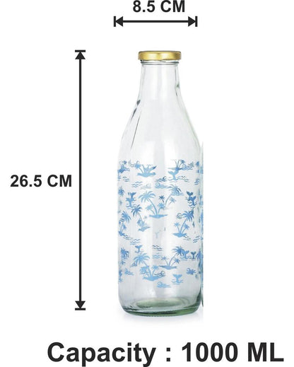 Charming Blue Tree Design Glass Water and Milk Bottle Large Capacity | 1000 ML | 3 x 10 inches