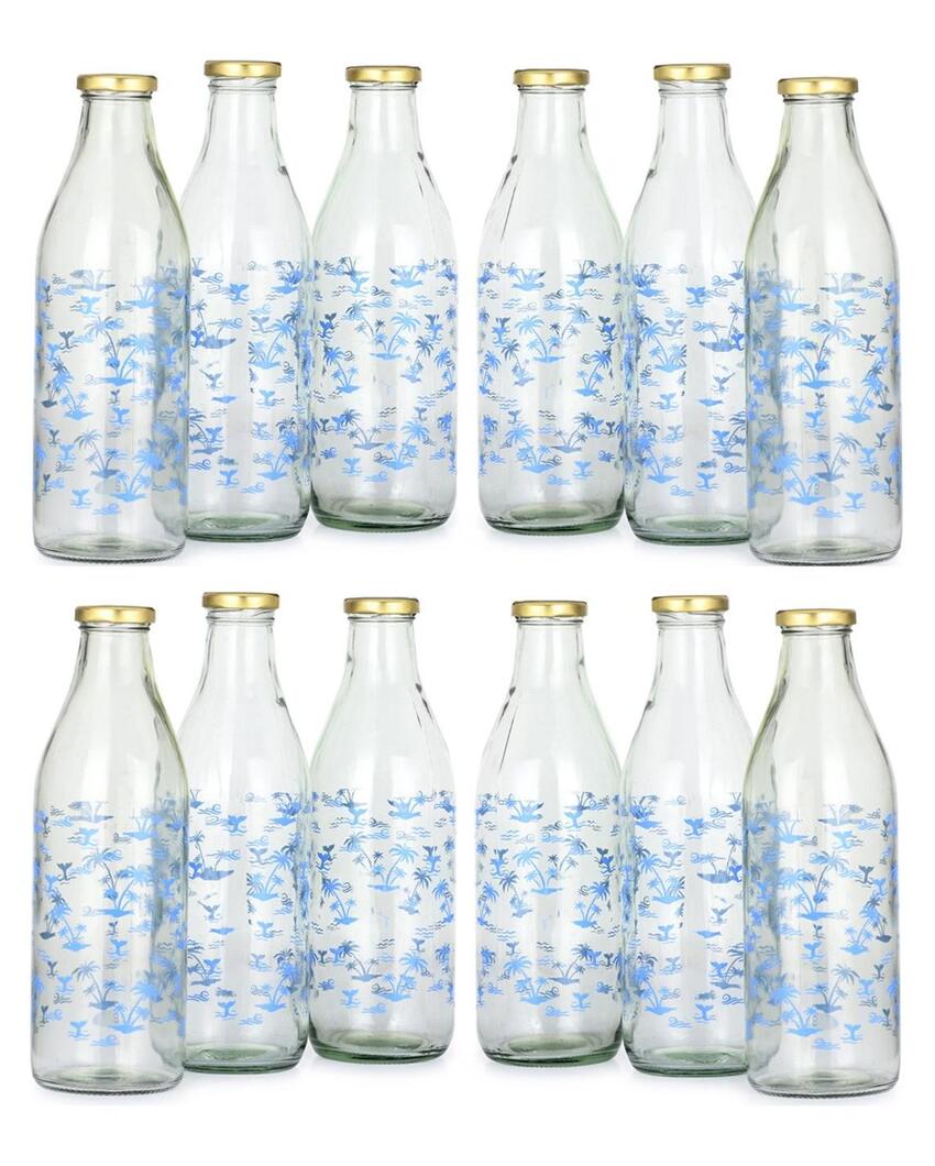 Charming Blue Tree Design Glass Water and Milk Bottle Large Capacity | 1000 ML | 3 x 10 inches