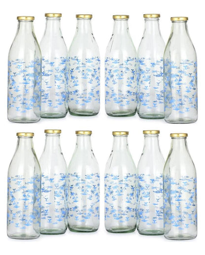 Charming Blue Tree Design Glass Water and Milk Bottle Large Capacity | 1000 ML | 3 x 10 inches