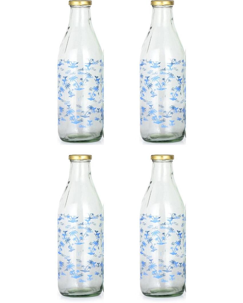 Charming Blue Tree Design Glass Water and Milk Bottle Large Capacity | 1000 ML | 3 x 10 inches