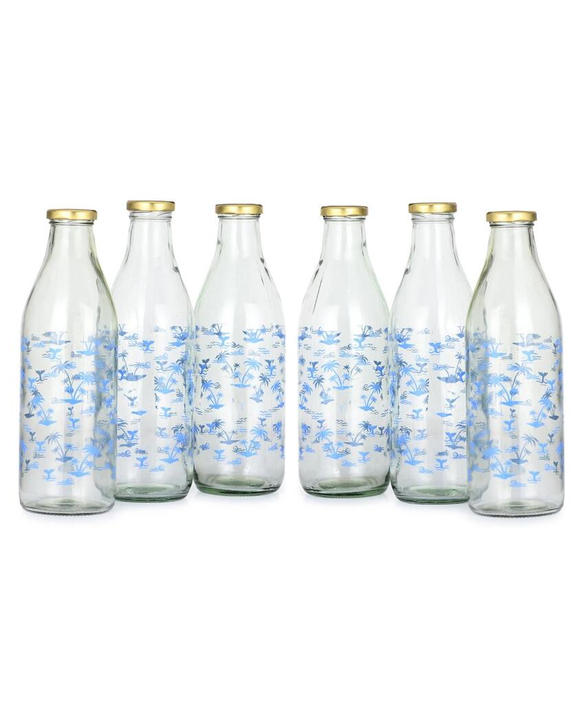 Charming Blue Tree Design Glass Water and Milk Bottle Large Capacity | 1000 ML | 3 x 10 inches