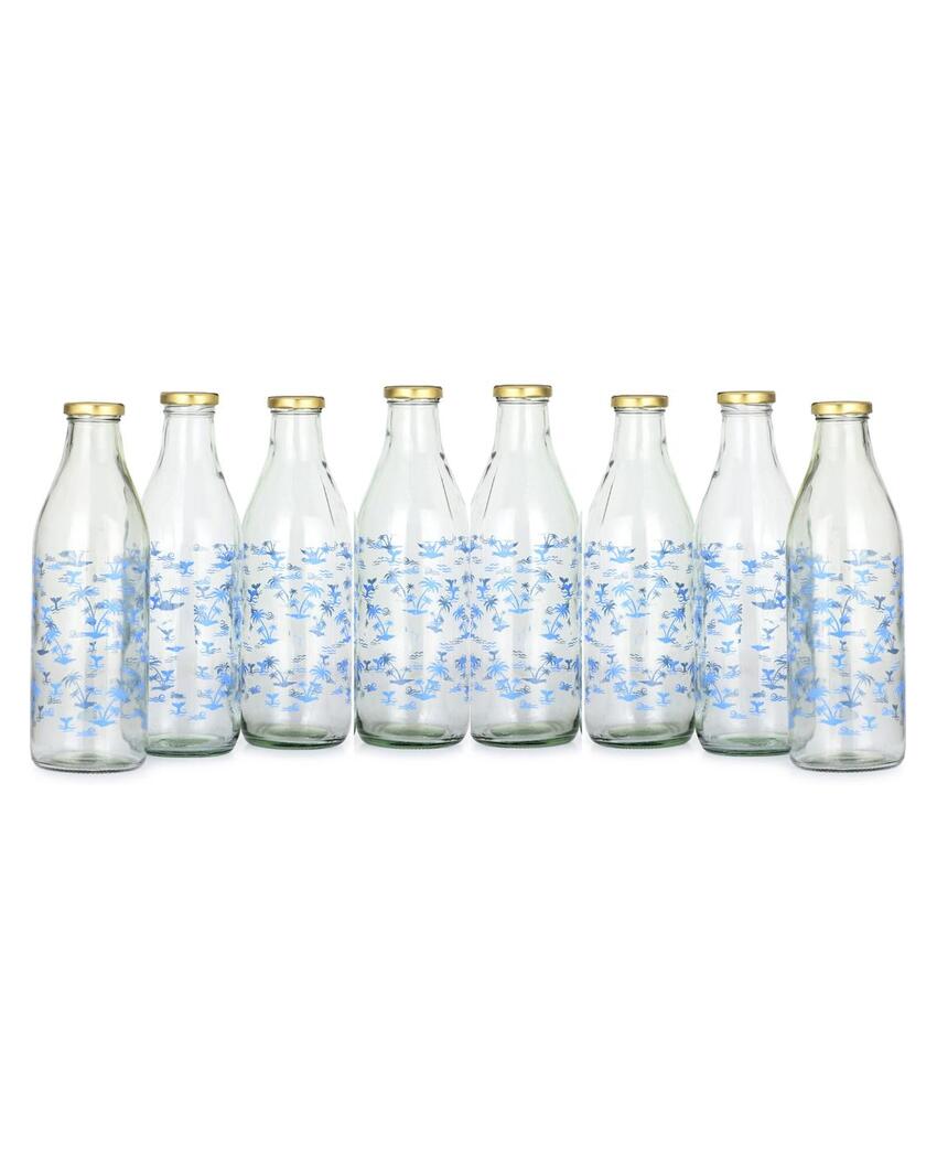 Charming Blue Tree Design Glass Water and Milk Bottle Large Capacity | 1000 ML | 3 x 10 inches