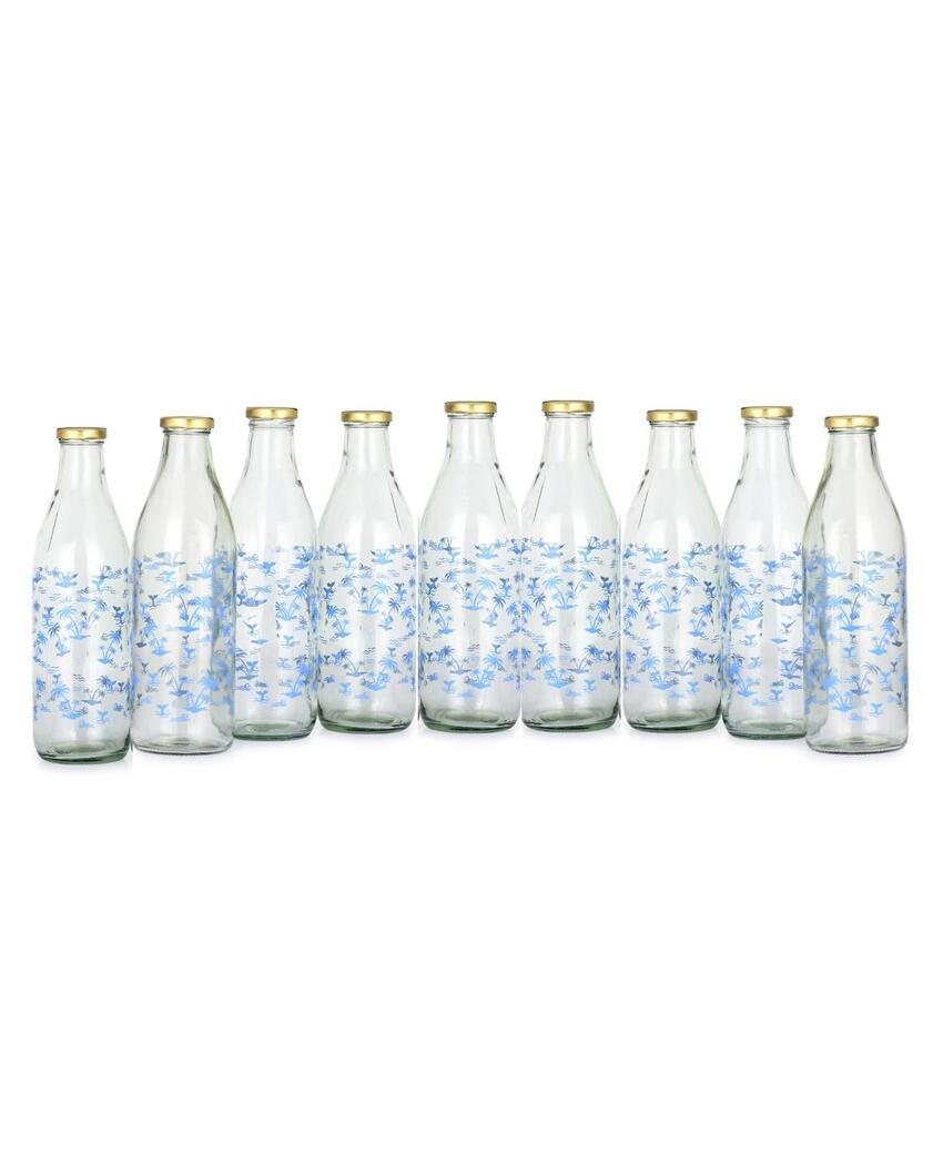 Charming Blue Tree Design Glass Water and Milk Bottle Large Capacity | 1000 ML | 3 x 10 inches