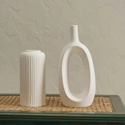 Ribbed Kieko White Ceramic Vase | Set of 2