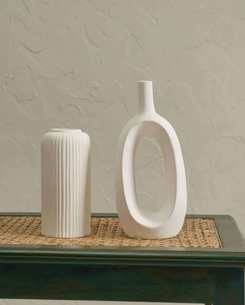 Ribbed Kieko White Ceramic Vase | Set of 2