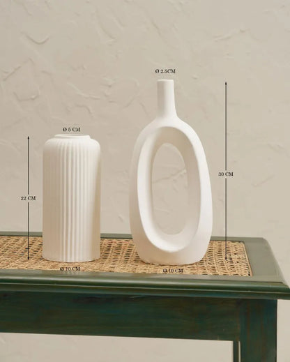 Ribbed Kieko White Ceramic Vase | Set of 2