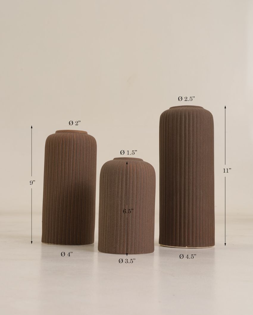 Ribbed Ceramic Vase | Set of 3 Brown