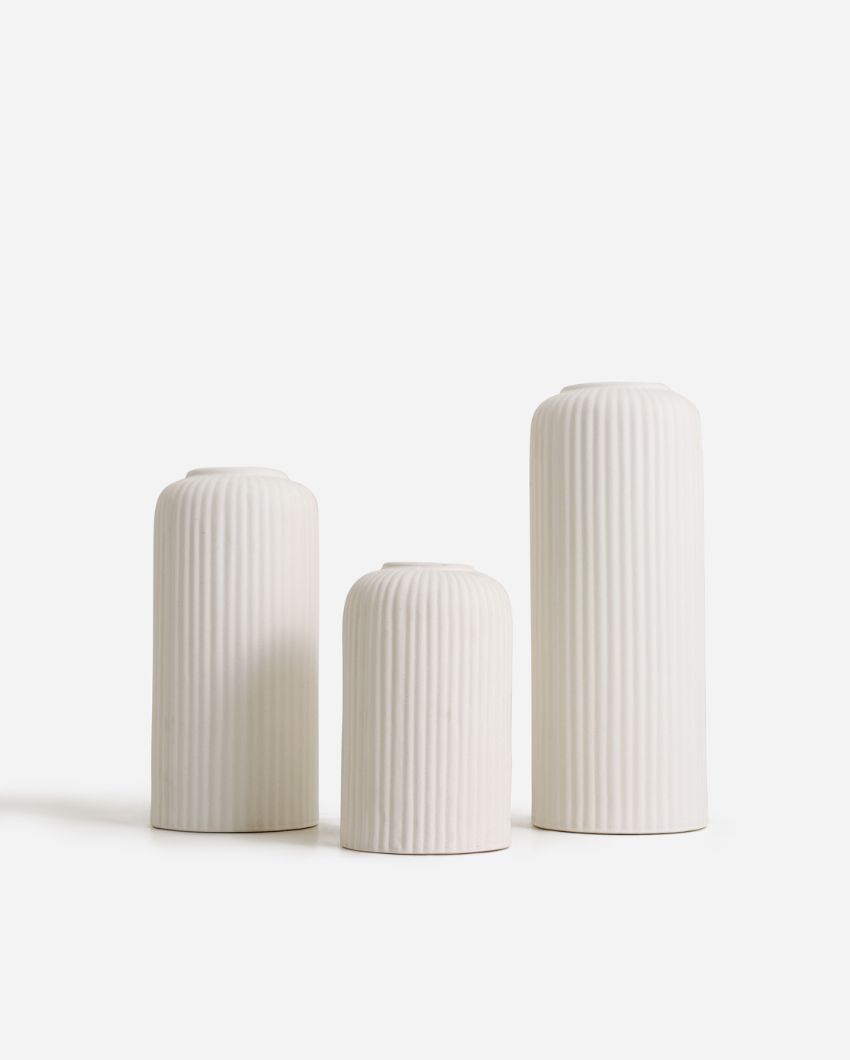 Ribbed Ceramic Vase | Set of 3 White