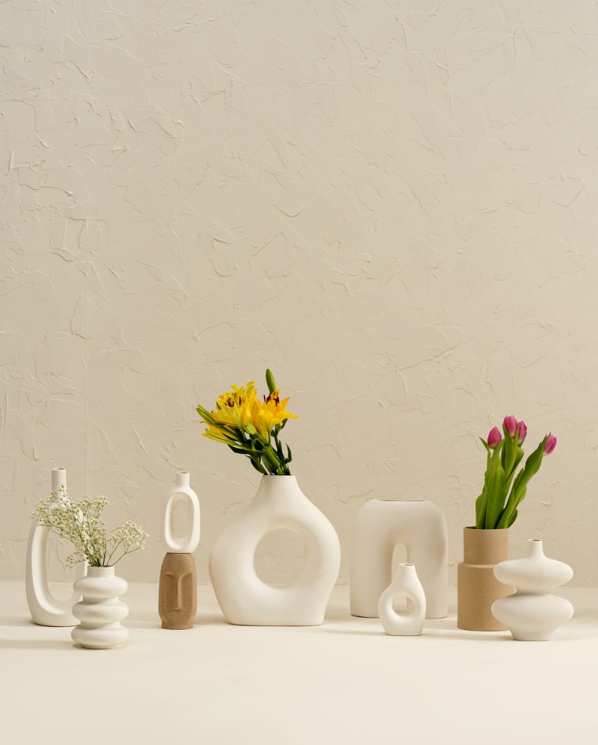 White and Beige Farmhouse Ceramic Vase  | Set of 9