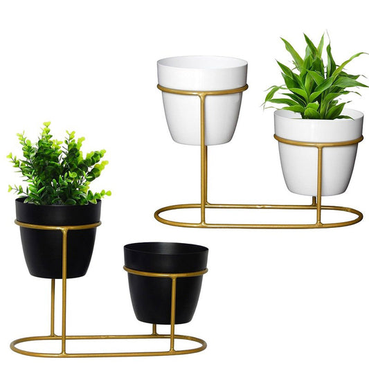 Classy White & Black Metal Planter Pots With Golden Stands | Set of 2 Default Title