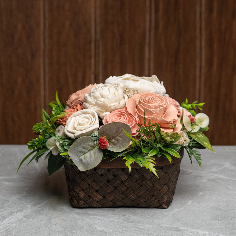 Peach Beauty Solawood Flower Arrangement In Brown Bamboo Basket - Dusaan