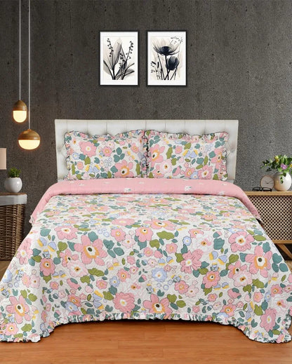 Pink Flower Printed Glace Cotton Bedcovers | Queen Size | 90 X 100 inches