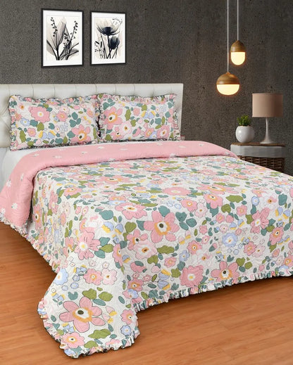 Pink Flower Printed Glace Cotton Bedcovers | Queen Size | 90 X 100 inches