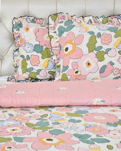 Pink Flower Printed Glace Cotton Bedcovers | Queen Size | 90 X 100 inches