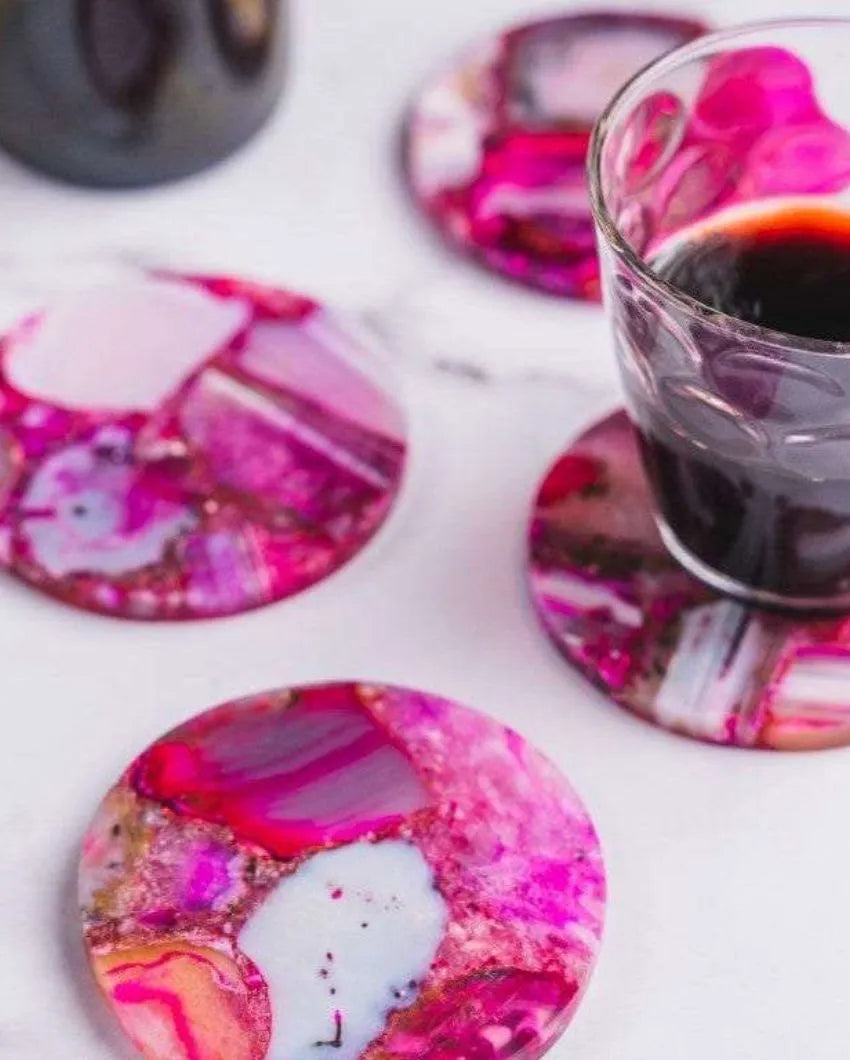 Pink Agate Round Stone Coaster | Set of 4