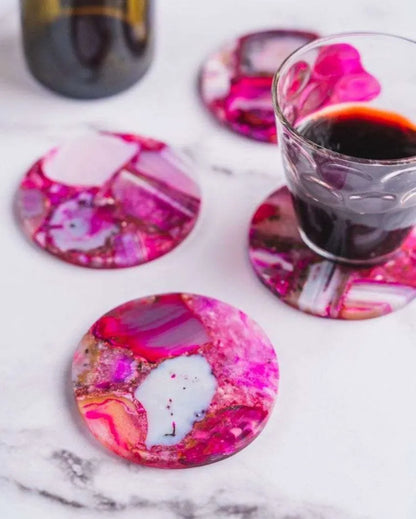 Pink Agate Round Stone Coaster | Set of 4