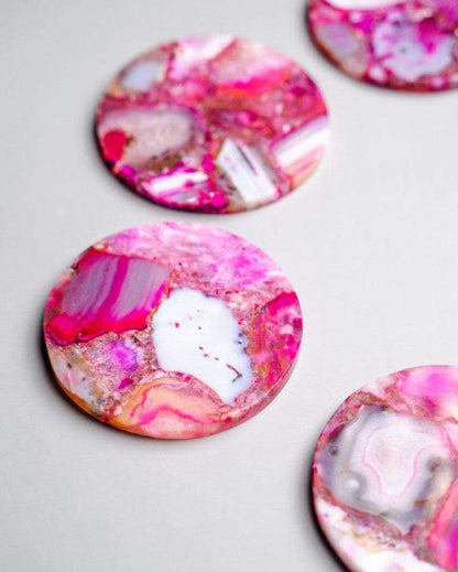 Pink Agate Round Stone Coaster | Set of 4