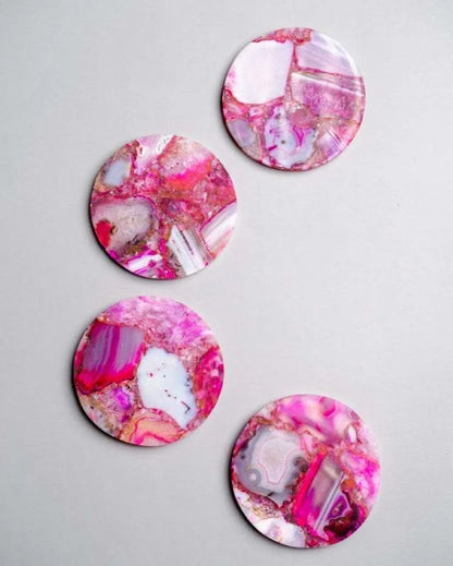 Pink Agate Round Stone Coaster | Set of 4