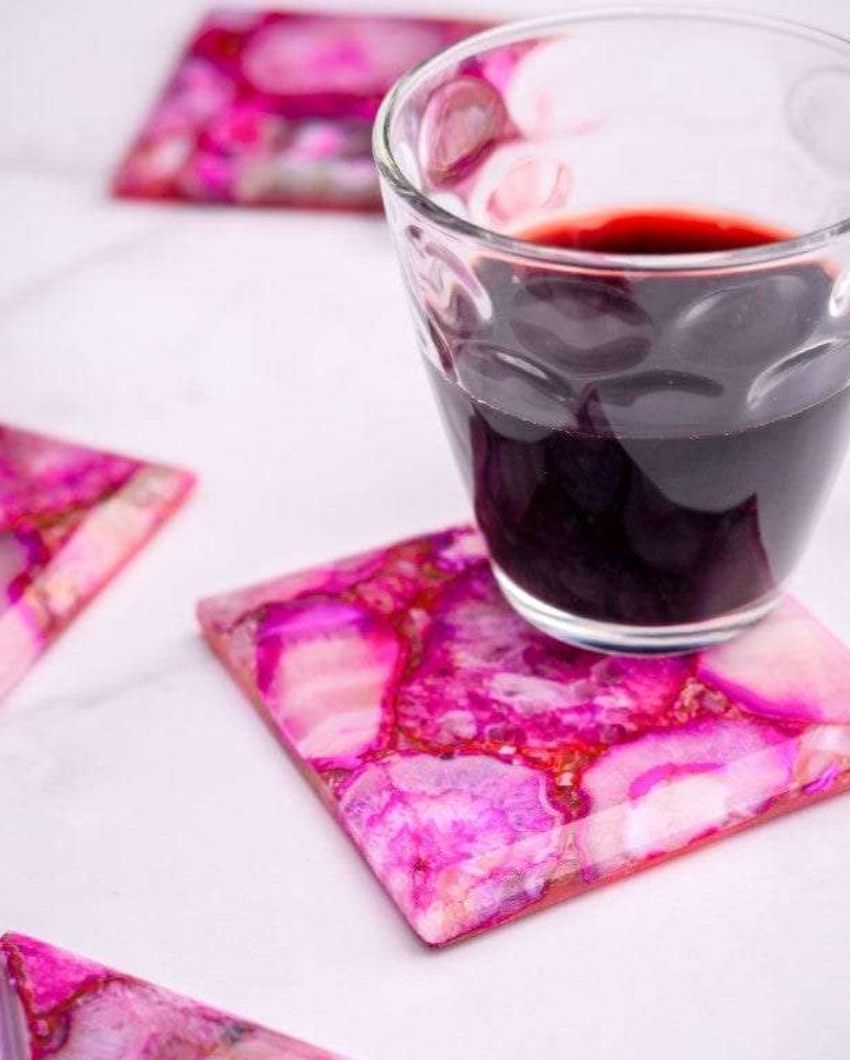 Pink Agate Square Stone Coaster | Set of 4