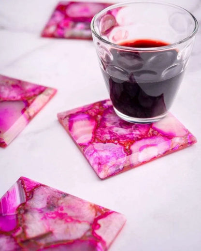 Pink Agate Square Stone Coaster | Set of 4