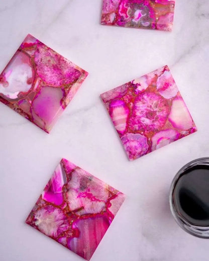 Pink Agate Square Stone Coaster | Set of 4