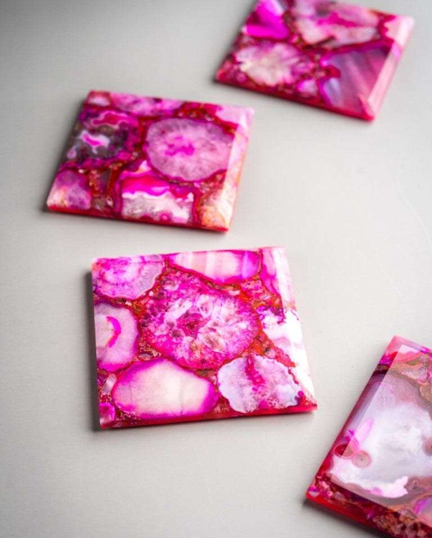 Pink Agate Square Stone Coaster | Set of 4