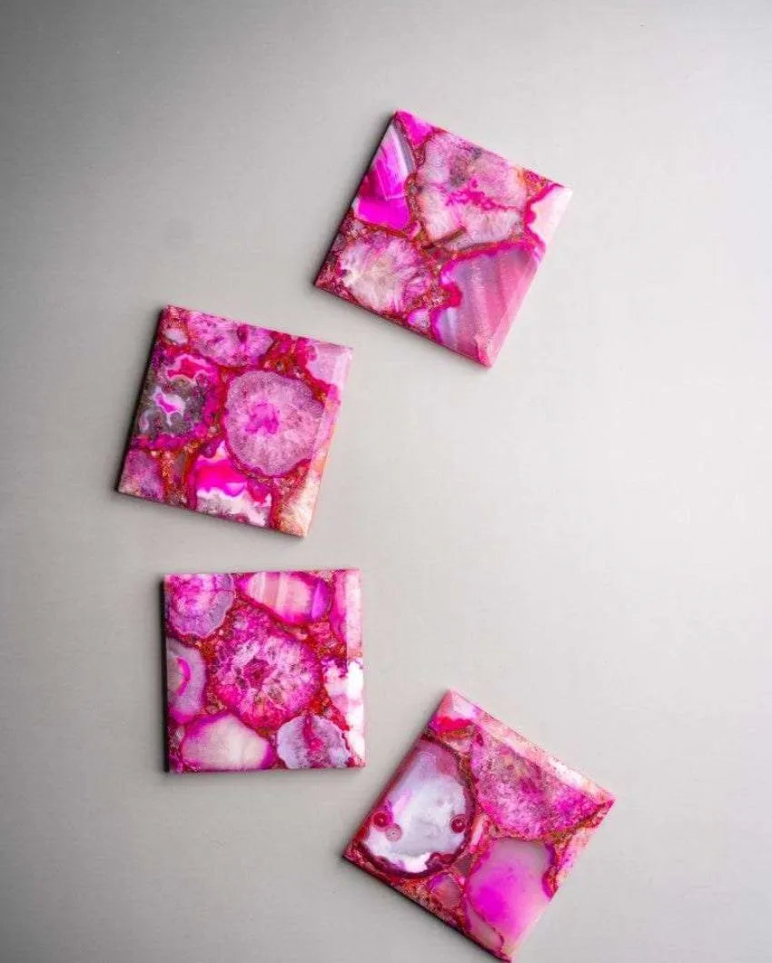 Pink Agate Square Stone Coaster | Set of 4