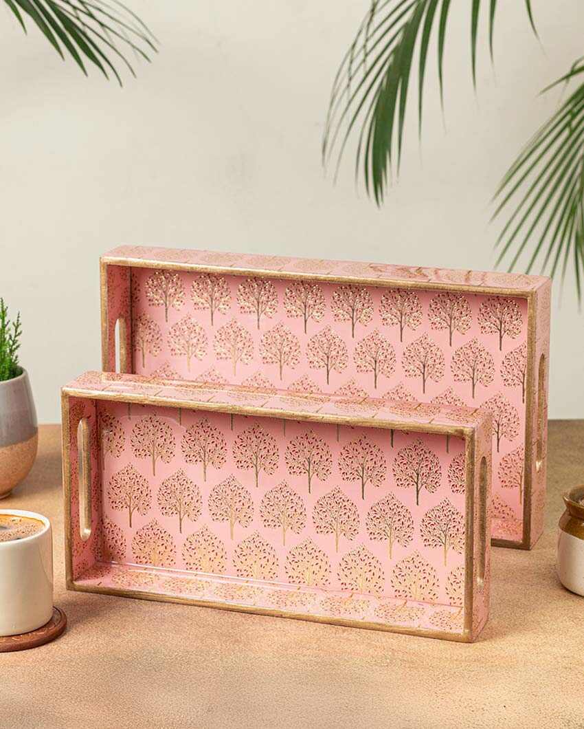 Handcrafted Pink Tree Serving Mdf Trays | Set Of 2