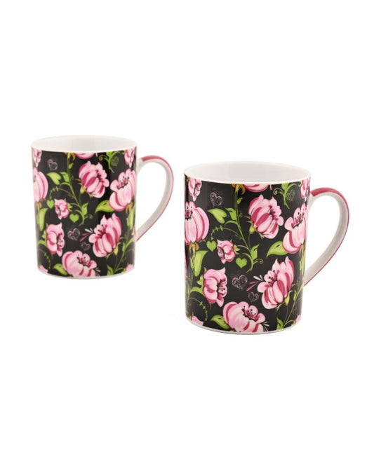 Pink Floral Porcelain Coffee Mugs | Set Of 2