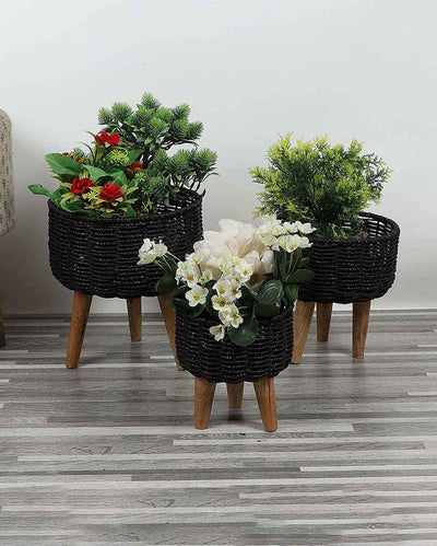Jute and Metal Black Planters with Wooden Legs | Set Of 3